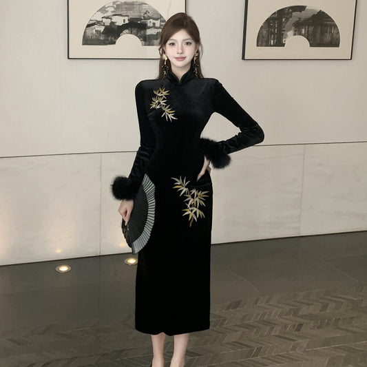 Damklänning Qipao Lång Ärmar Broderad Sammet-1