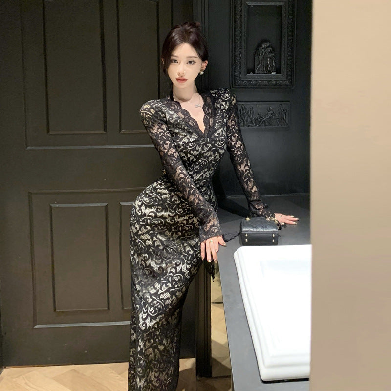 Dam Klänning V-ringad Tight Polyester med Slits-3