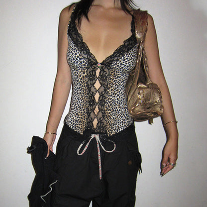 Kvinnors Camisole Leopardmönster Spetsdetaljer Elastiskt Tyg 2
