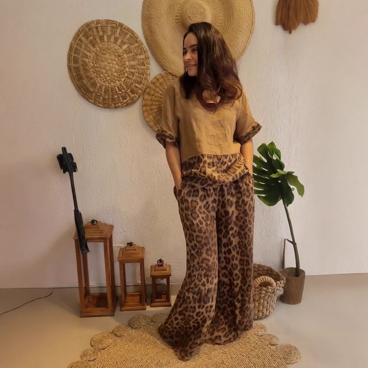 Dam Kortärmad Topp och Breda Byxor Färgblockerad Polyester för Sommarkläder-4