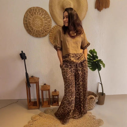 Dam Kortärmad Topp och Breda Byxor Färgblockerad Polyester för Sommarkläder-4