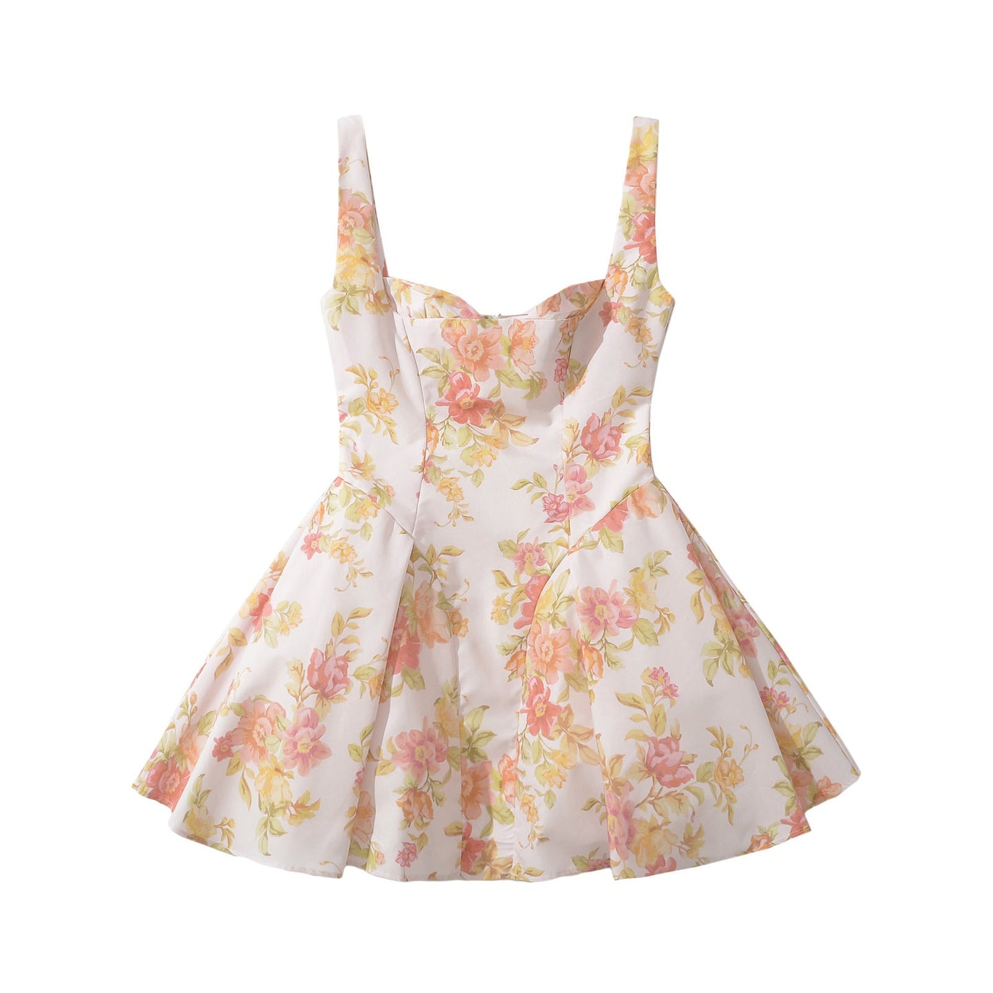 Dam Blommig Klänning A-linje V-ringning Voluminös Kjol i Mjuk Tyg-2