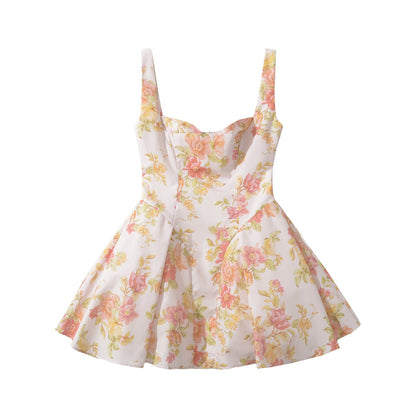 Dam Blommig Klänning A-linje V-ringning Voluminös Kjol i Mjuk Tyg-2