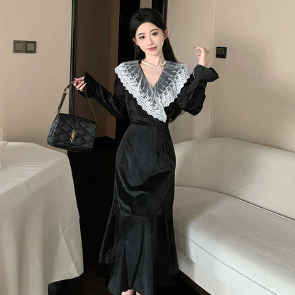 Damklänning Spets Långärmad V-hals Polyester Elegant-2