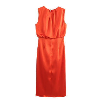 Kvinna Midi Klänning A-Line Siden-Satin-3