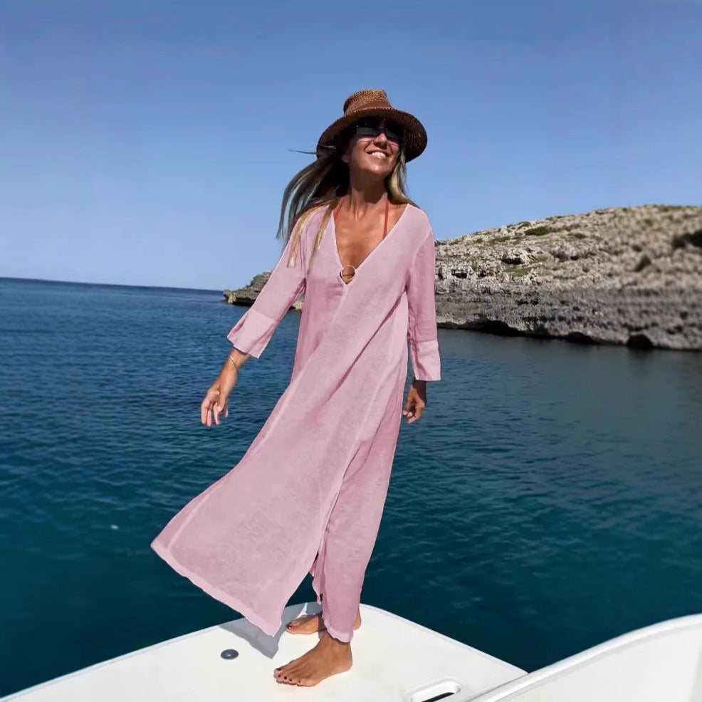 Dam Klänning Lång V-ringad Bomull Elegans-5