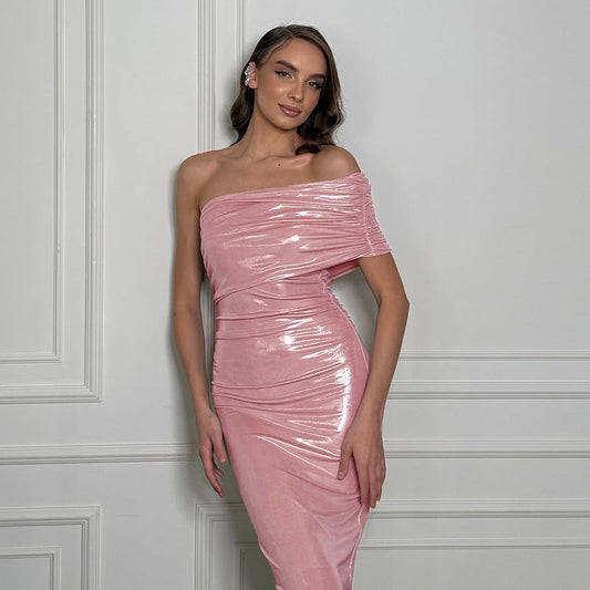 Kvinnors Klänning En Axel Rüschdetaljer Glansigt Tyg 1