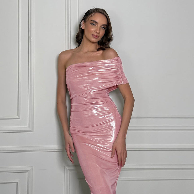 Kvinnors Klänning En Axel Rüschdetaljer Glansigt Tyg 7