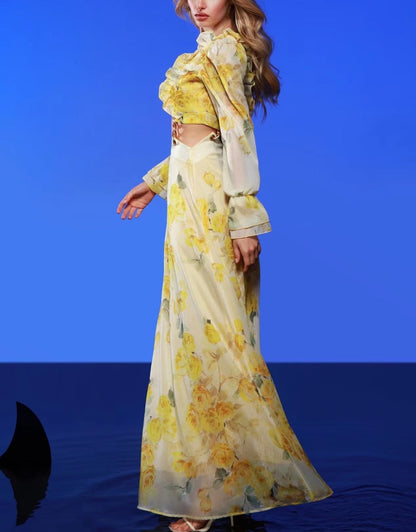 Eleganta Damklänning med Lång Kjol och Tryckta Ärmar – Axelbar Polyester Klänning i Gul 5