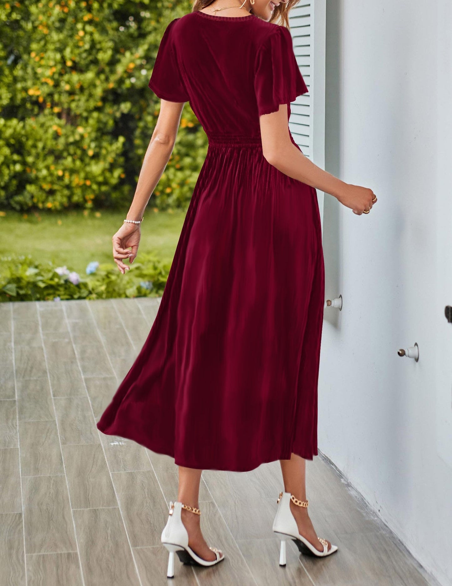 Dam Långklänning V-Hals Tredimensionell Dekoration Silke-3