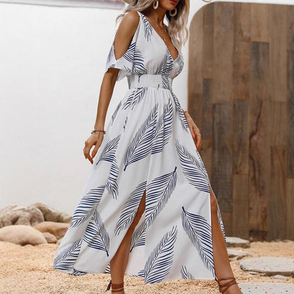 Maxiklänning Dam Off-Shoulder Asymmetrisk Vit Polyester med Elastisk Midja – Trendig Sommarmodell 4