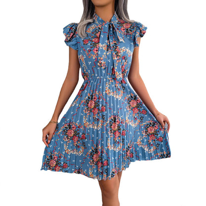 Dam Blommig Sommarklänning Ärmlös Polyester med Veckad Design-6