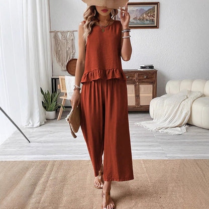 Vit Dam Kostym Ärmlös Topp och Byxor i Tvättad Bomull-6