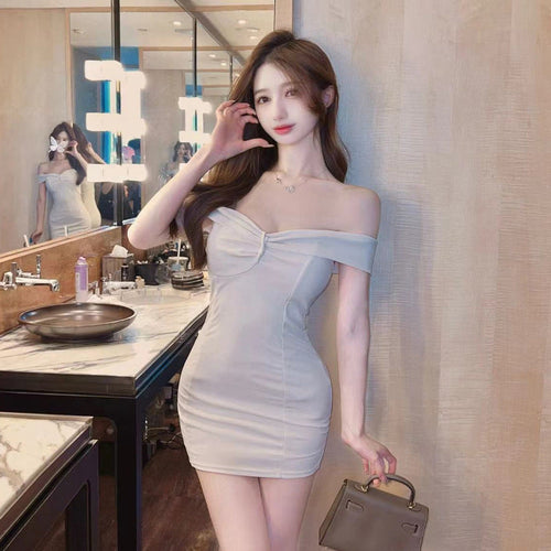 Kvinna Kort Klänning Off-Shoulder Ruffle Polyester-1