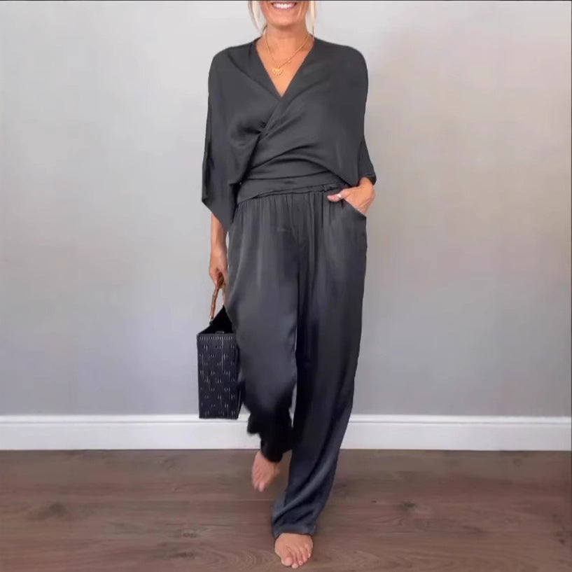 Kvinnors Satin Set Kortärmad Topp Långa Byxor Polyester Spandex-2