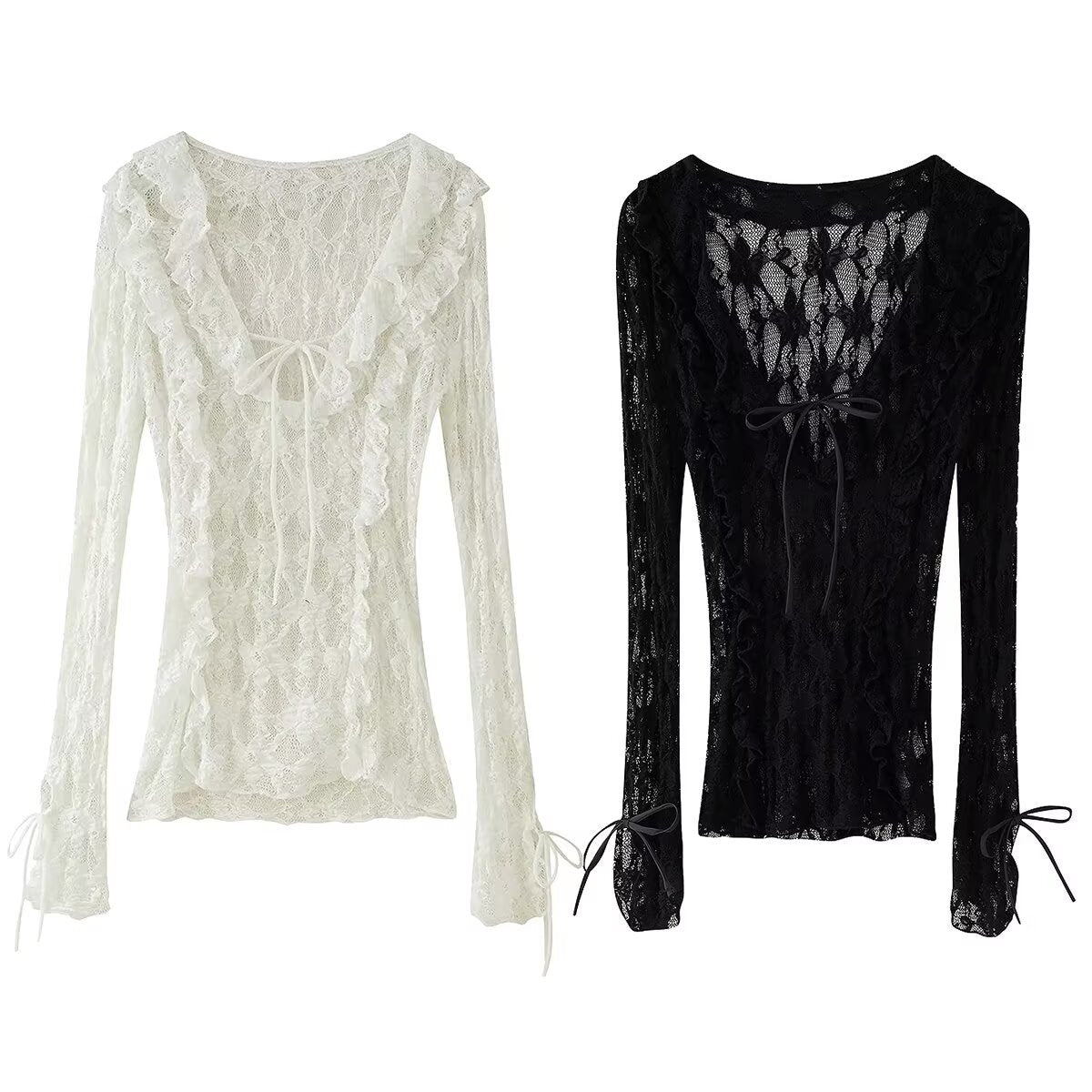 Kvinnors Festtop med Ruffles Transparent Spets-2