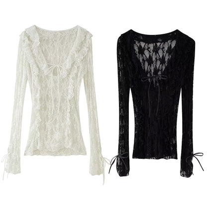 Kvinnors Festtop med Ruffles Transparent Spets-2