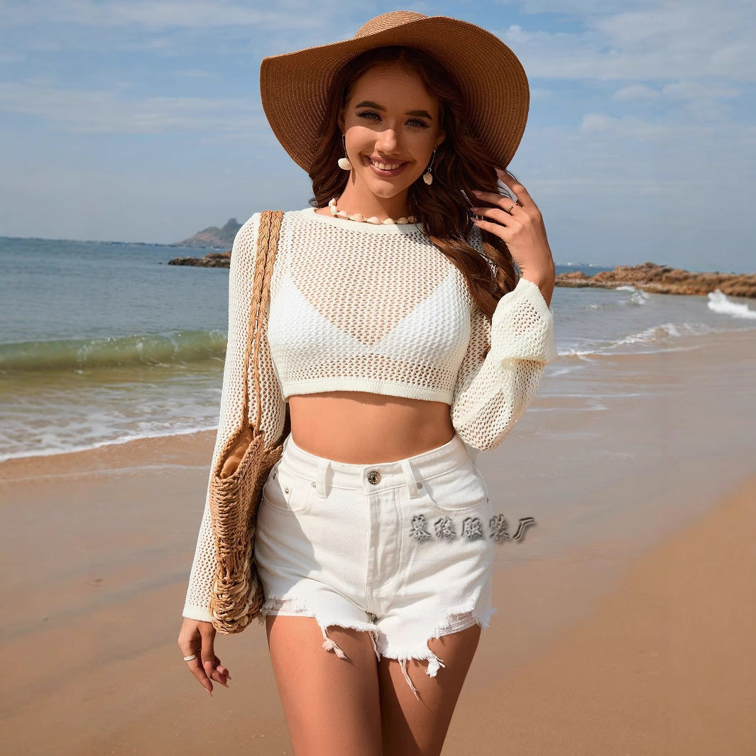 Dam Kortärmad Stickad Tröja Monokrom Akryl-4