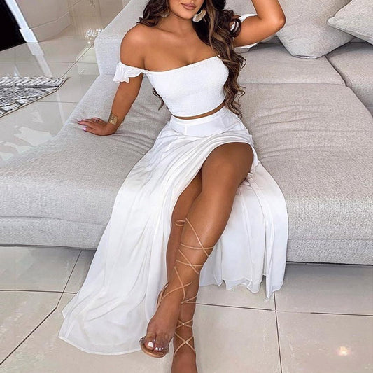 Kvinnors Off-Shoulder Klänning Delad Polyester Lång-1