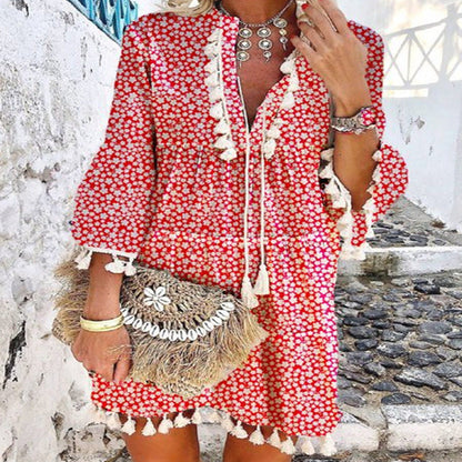 Dam Klänning Blommig V-ringad Midi A-linjeformad Polyester-2