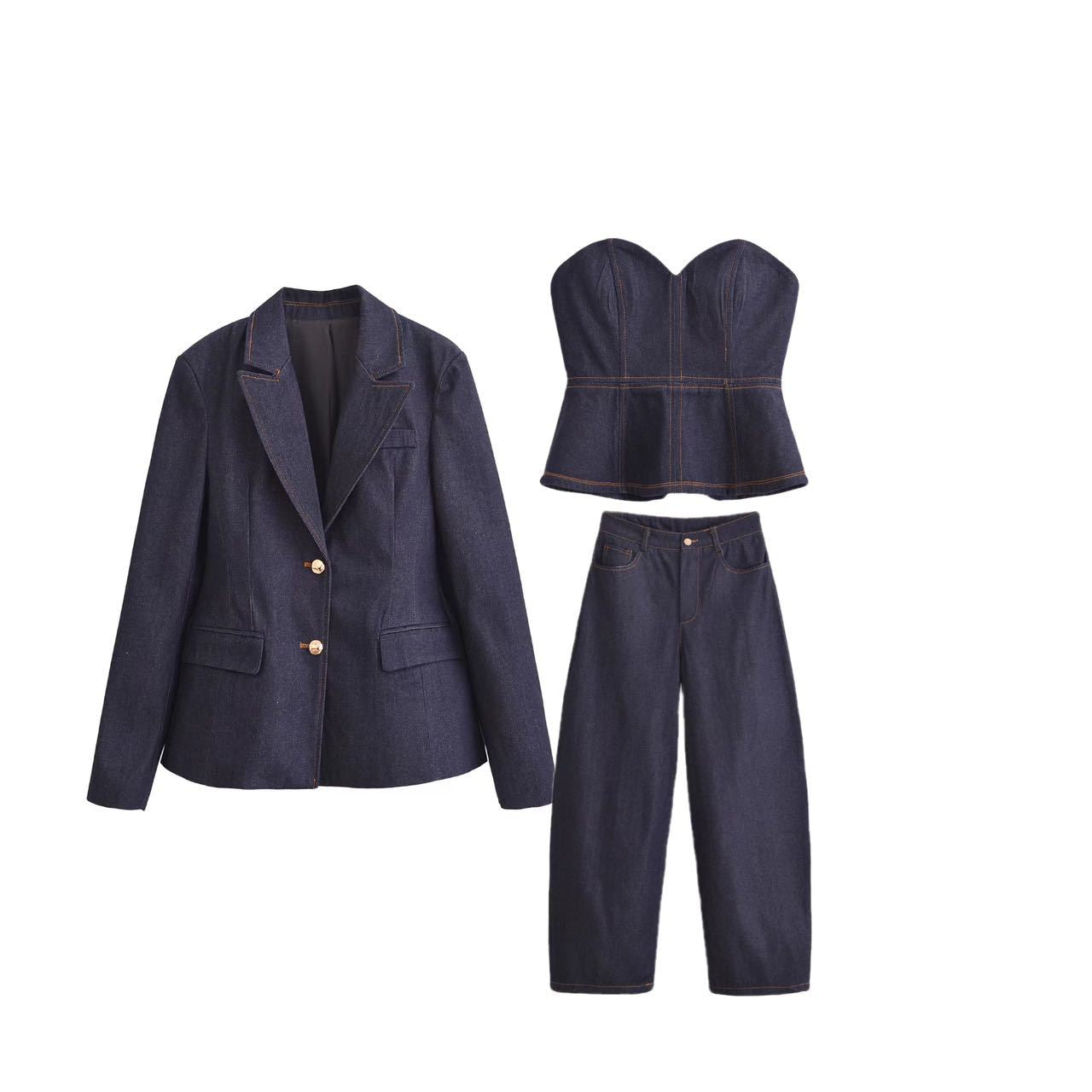 Dam Blazer Bustier Set Denim Polyester-2