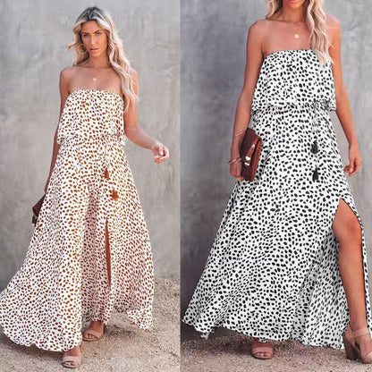 Kvinnors A-linjeformad Klänning Axellös Polyester Leopardmönster-2