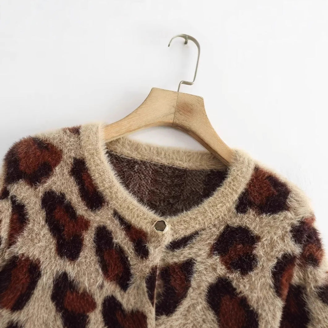 Dam Cardigan Leopardmönster Värmande Fleece Långärmad-3