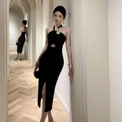 Kvinna Klänning Lång Slits Halshållarstil Högkvalitativt Tyg 3