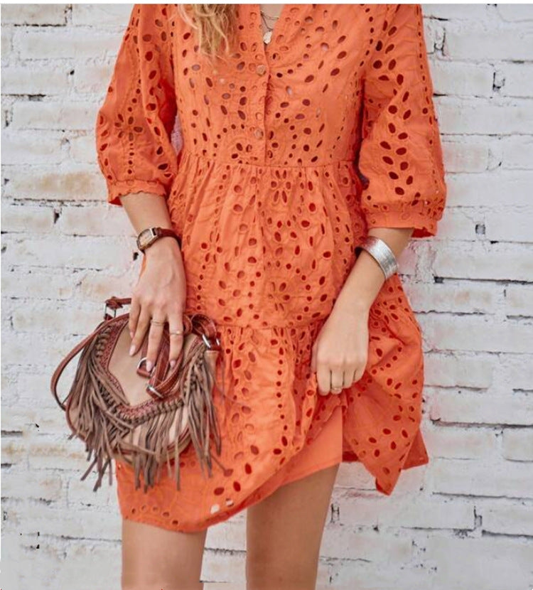 Kvinna Midi Klänning Broderad V-Hals Polyester-6