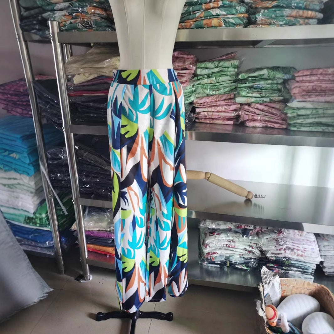 Höga Midja Bredbenade Byxor för Kvinnor i Elastiskt Tyg med Tryckt Mönster – Trendig och Bekväm Stil 4