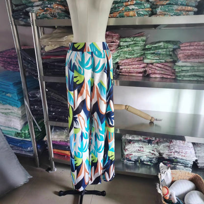 Höga Midja Bredbenade Byxor för Kvinnor i Elastiskt Tyg med Tryckt Mönster – Trendig och Bekväm Stil 4