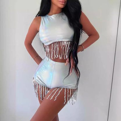 Glittrande Skördetopp och Korta Shorts Set för Damer - Elastiskt Tyg, Perfekt Sommarkläder i Modern Stil 4