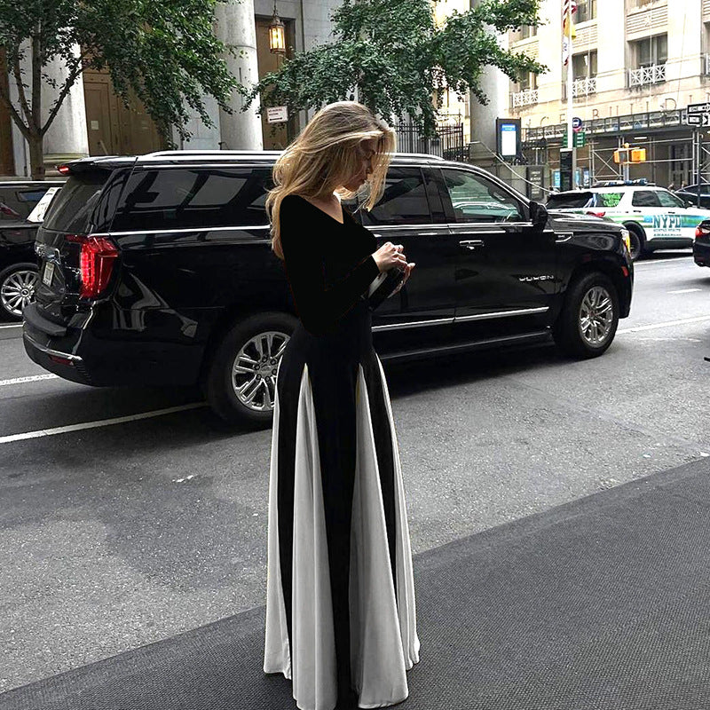 Maxiklänning Dam med Kontrastdesign, Lång Ärmar och Flödande Polyester – Elegant och Sofistikerad Klänning för Speciella Tillfällen 4