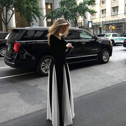 Maxiklänning Dam med Kontrastdesign, Lång Ärmar och Flödande Polyester – Elegant och Sofistikerad Klänning för Speciella Tillfällen 4