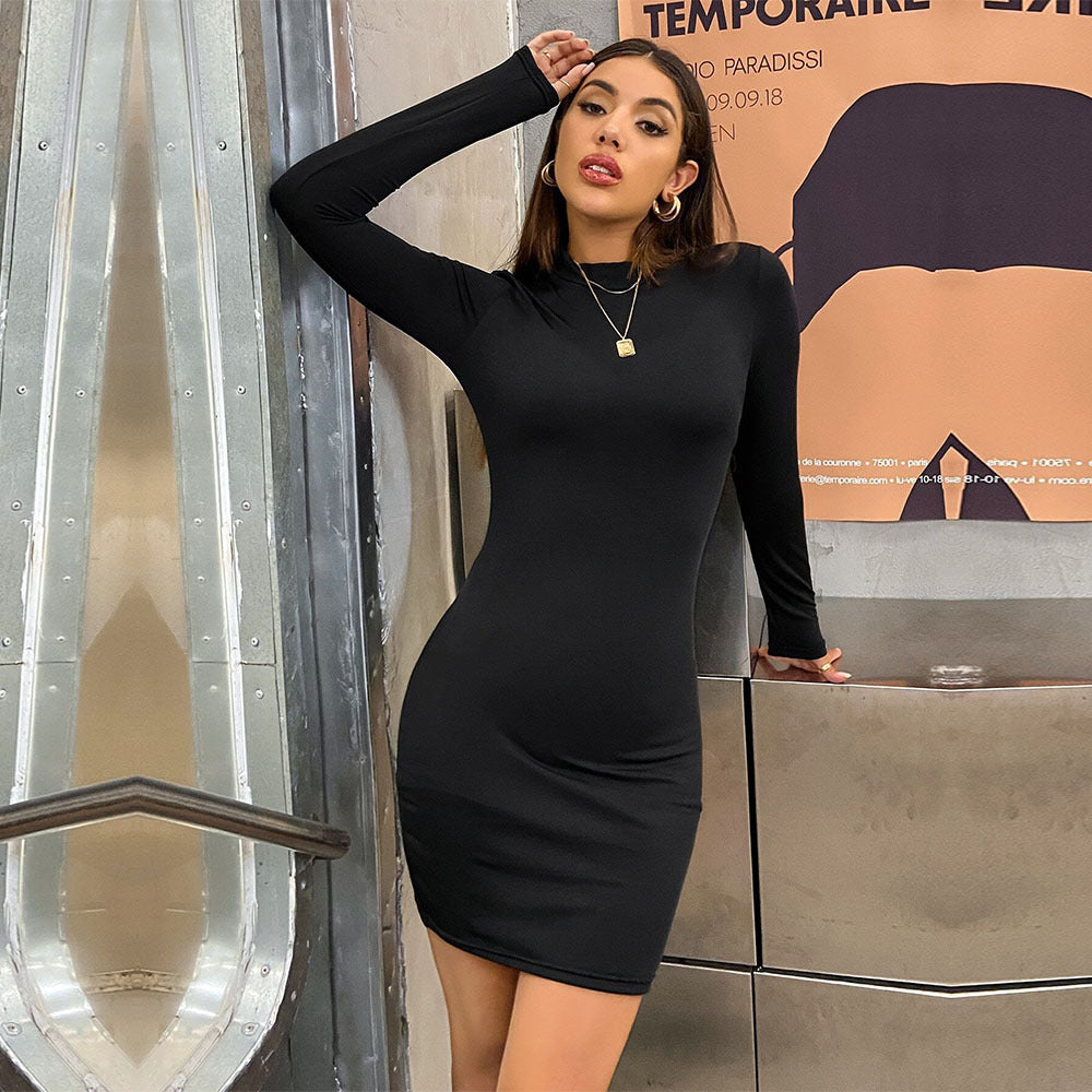 Dam Bodycon Kjol Hög Halsringning Monokrom Polyester-5