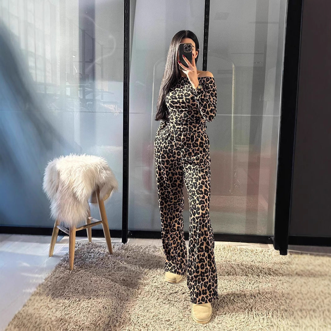 Matchande Set Dam Långärmad T-shirt och Byxor Spandex Leopardmönster-2