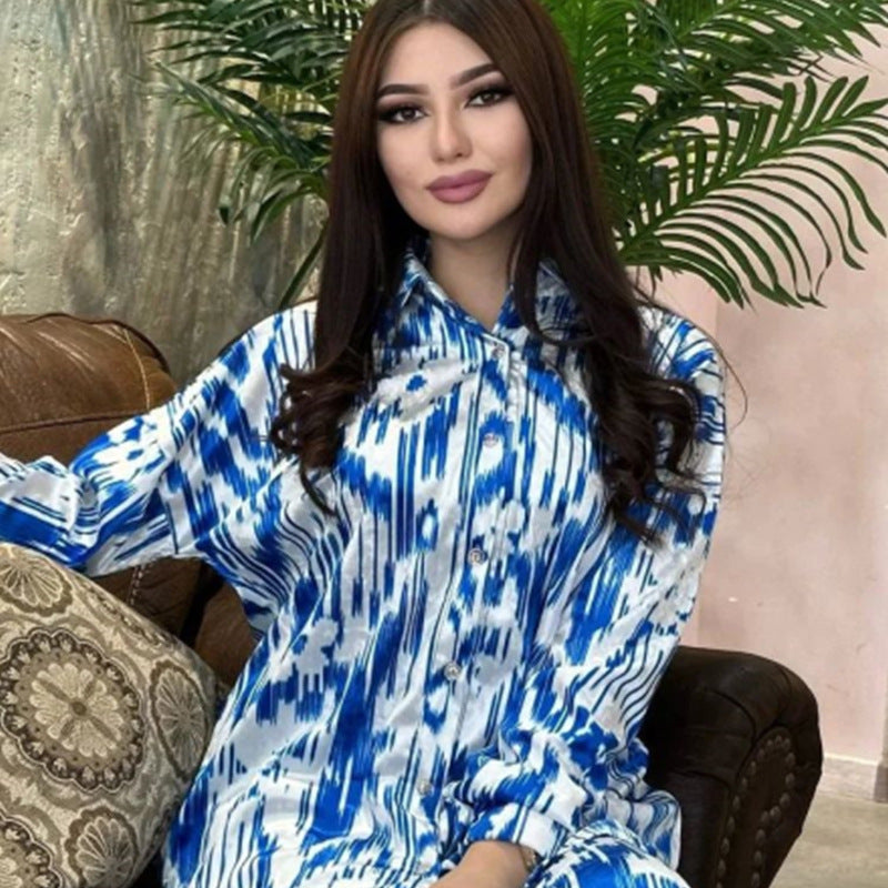 Kvinnors Långärmad Topp och Bredbyxor Set Polyester Vintage Stil-2