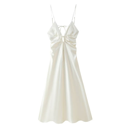 Damklänning V-hals Spaghetti Band Satin Lång Klänning-2