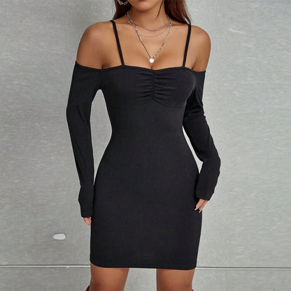 Dam Bodycon Klänning Långärmad Monokrom Polyester-1