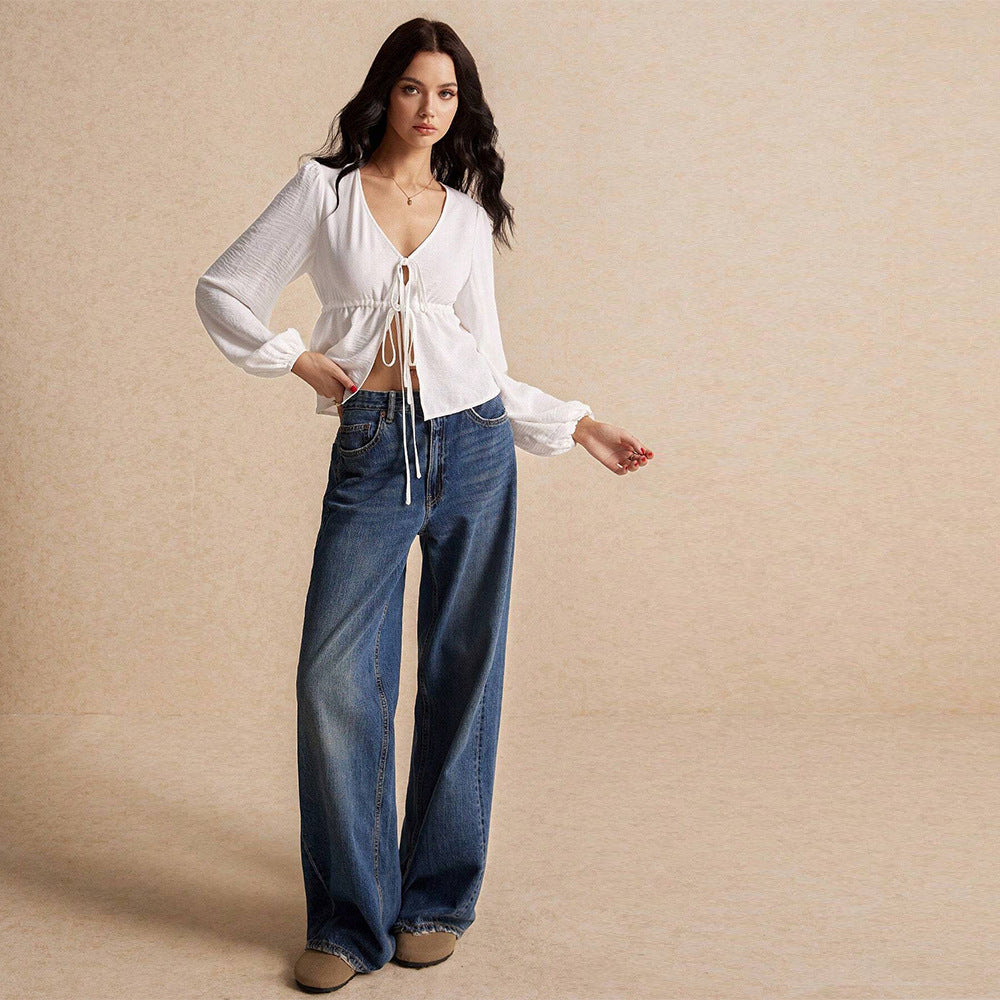 Dam Blus Puffade Ärmar Justerbara Snören Lätt Tyg 5