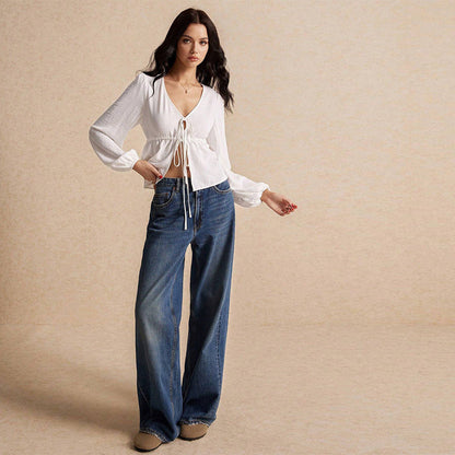 Dam Blus Puffade Ärmar Justerbara Snören Lätt Tyg 5