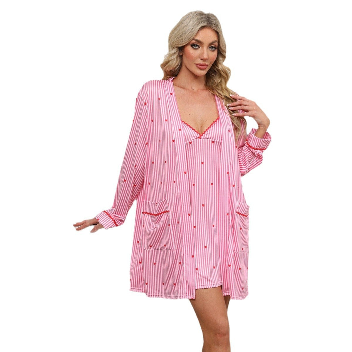 Dam Cardigan Set Randig Polyester Casual-5