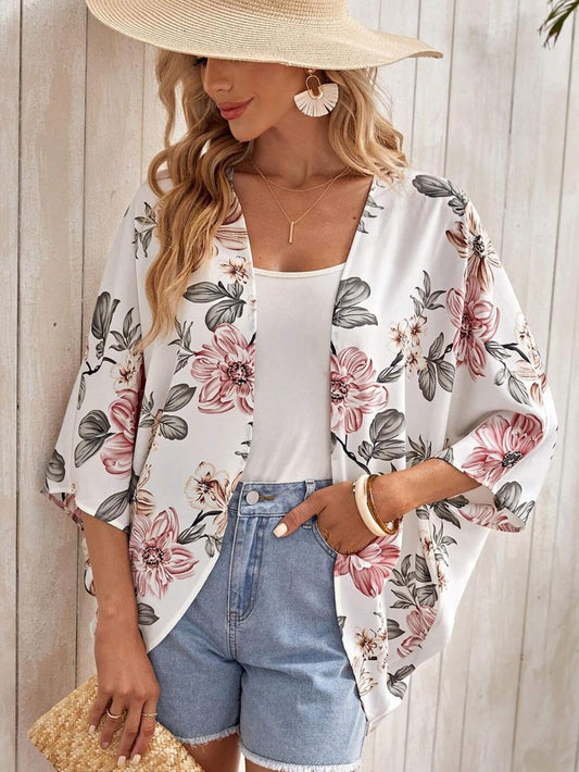 Kvinnors Blommönstrad Cardigan i Polyester med Trekvartslånga Ärmar – Lätt och Elegant, Medel Längd 65 cm 1