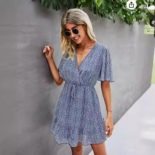 Dam Wrap Klänning Sommar Korta Ärmar Lätt Tyg 2