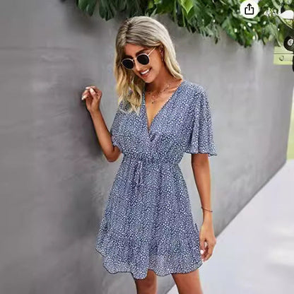 Dam Wrap Klänning Sommar Korta Ärmar Lätt Tyg 2