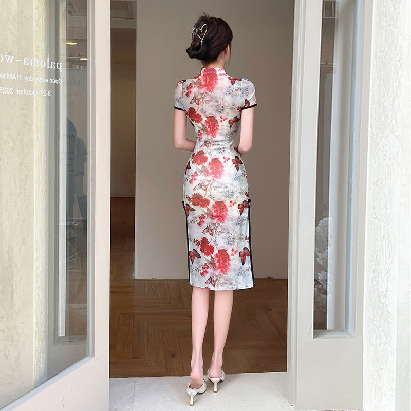 Dam Klänning Bodycon Blommönster Mesh Qipao-Inspirerad-5