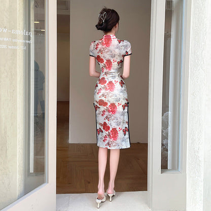 Dam Klänning Bodycon Blommönster Mesh Qipao-Inspirerad-5