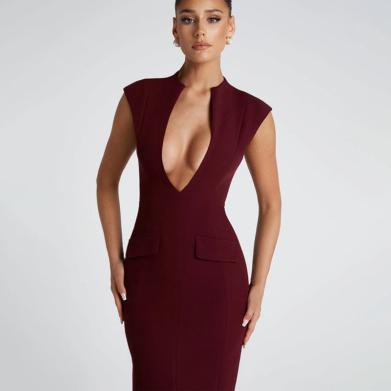 Kvinnors Klänning Djup V-ringning Stretchigt Tyg-5