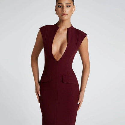 Kvinnors Klänning Djup V-ringning Stretchigt Tyg-5