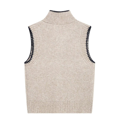 Ärmlös Cardigan Dam i Khaki med Diamantmönster och Halv Ståkrage - Stickad One-Piece Design 2